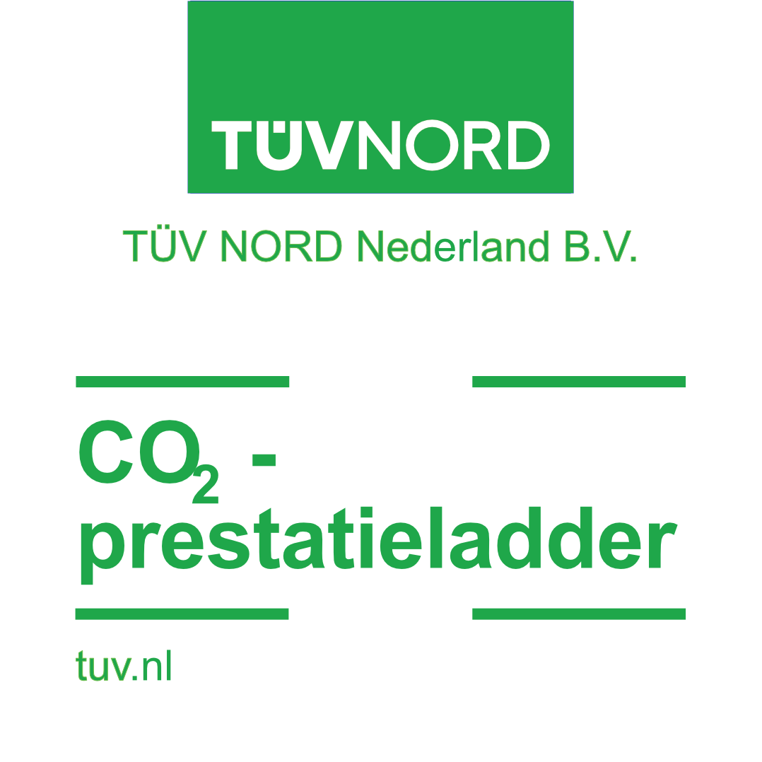 Logo van TÜV NORD Nederland met vermelding van de CO₂-Prestatieladder certificering – toont inzet van PolderRealisatie voor duurzaamheid en CO₂-reductie